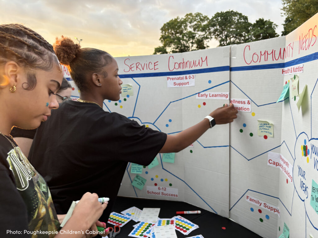 Two young people outdoors constructing a map of community goals.