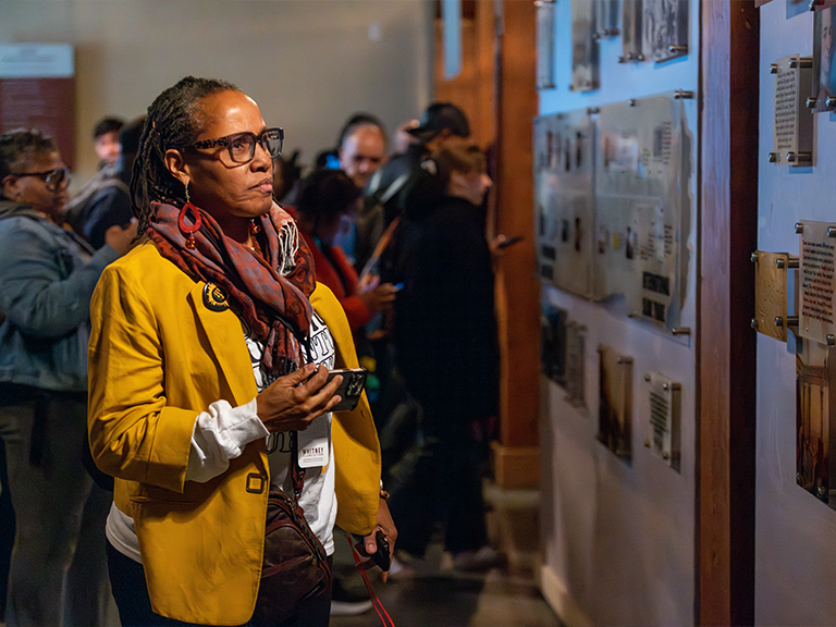 Adult looking over art wall.